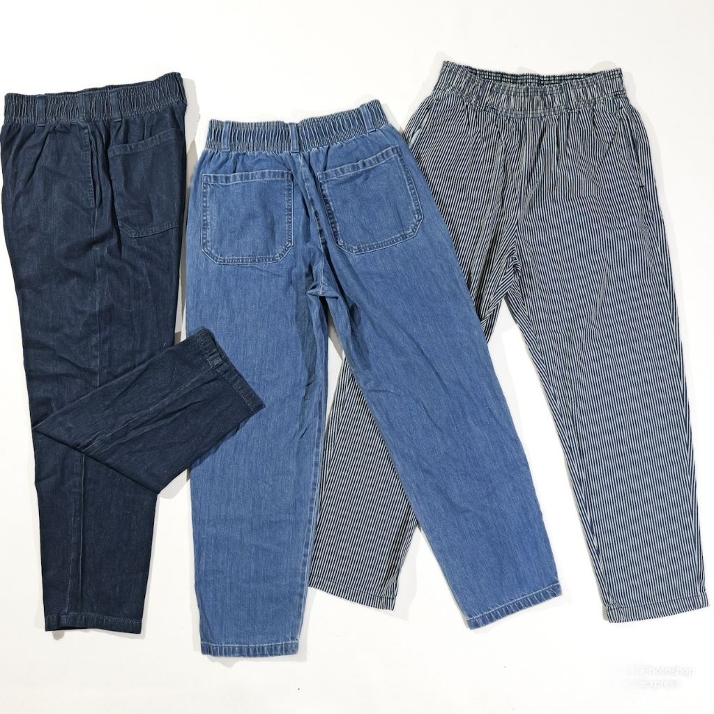 Celana Jeans GU Relaxed Ankle Pants Pria Denim Pinggang Karet Casual Nyaman