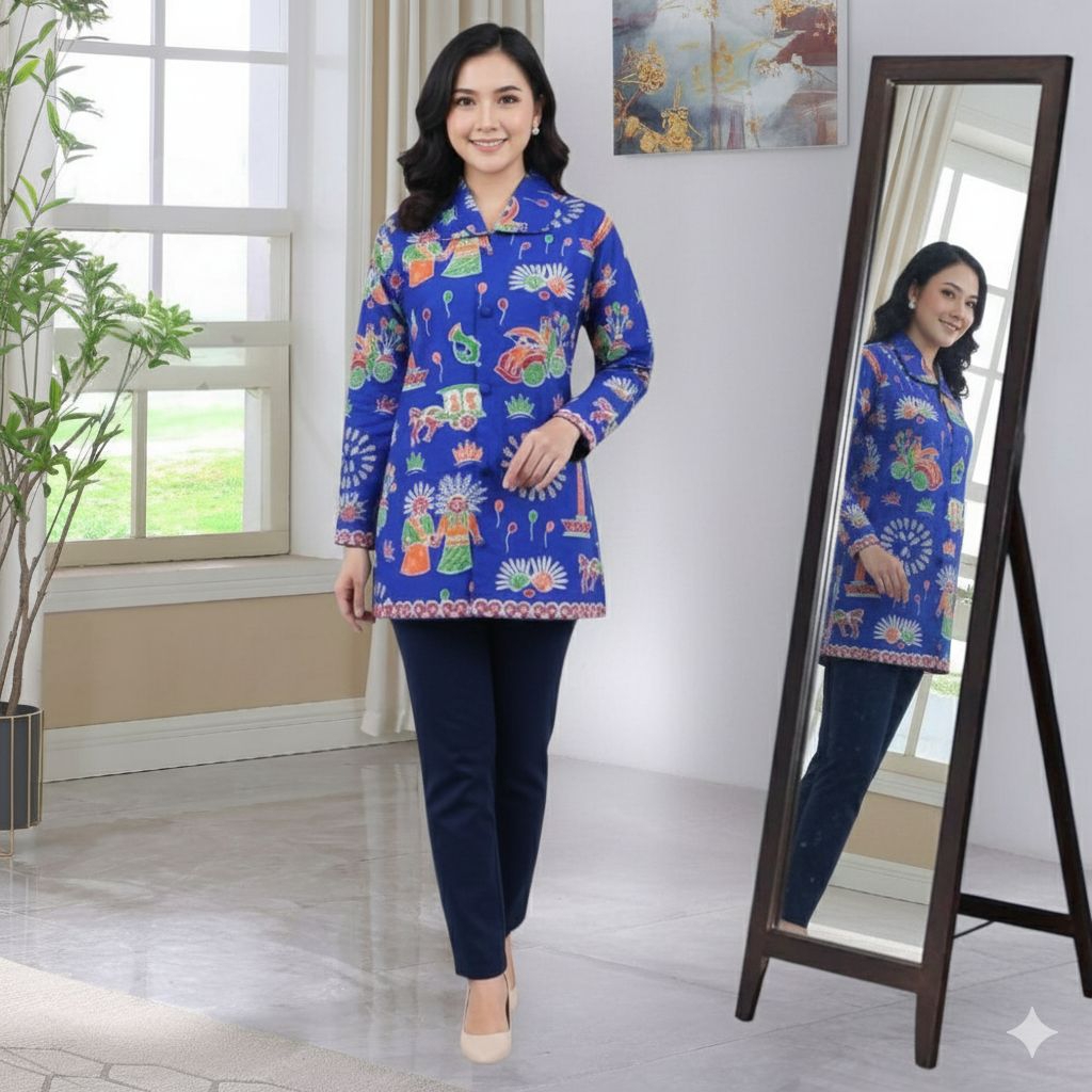 { Toko.Sky } Kemeja Batik Wanita Lengan Panjang/Kemeja Batik Betawi Motif  Ondel-ondel/Kemeja Batik 