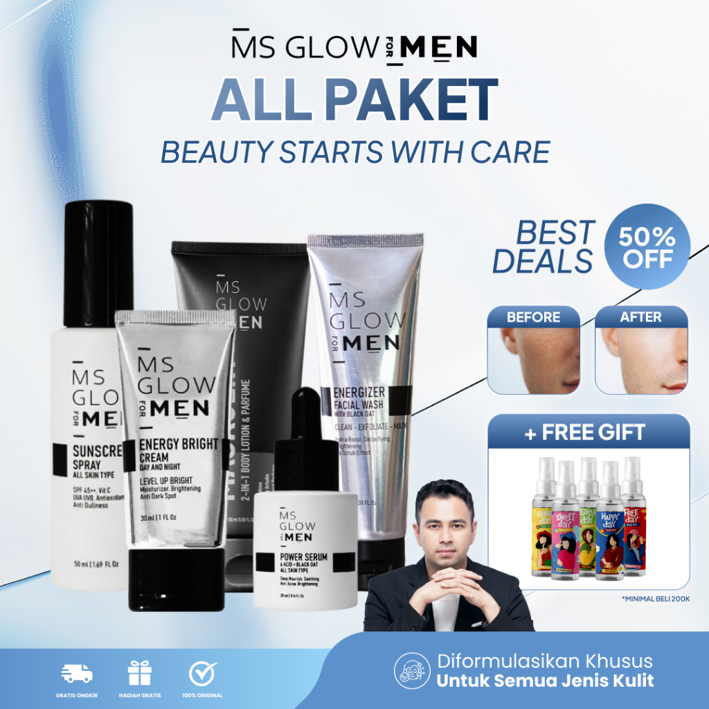 MS GLOW FOR MEN OFFICIAL 1 SET PAKET BASIC | LENGKAP & PRODUK ECER SKINCARE PRIA TERBAIK ORIGINAL BP