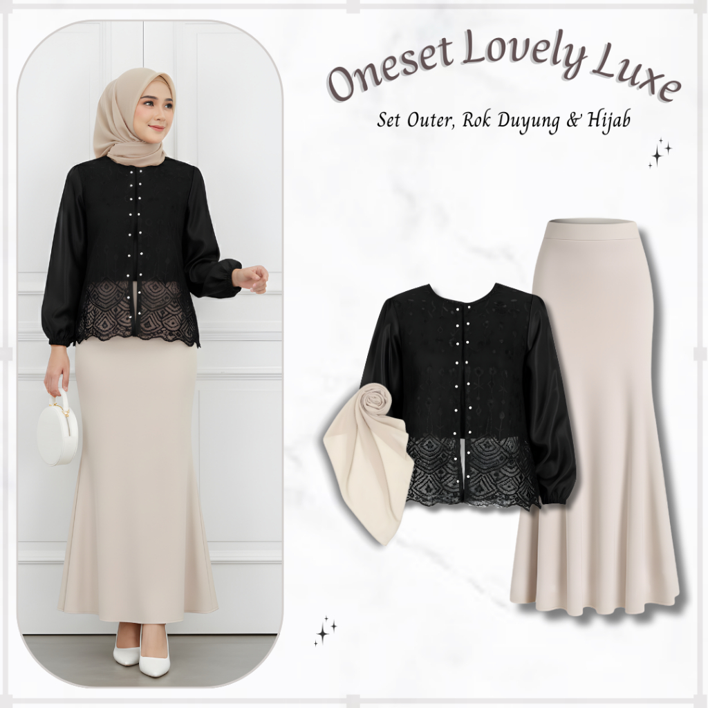 Oneset Lovely Luxe 3in1 / Setelan Kondangan Outer + Rok Duyung Ivory + Hijab / Cardigan Brokat Sapto