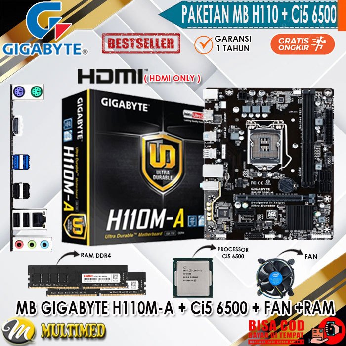 Paket Motherboard H110 LGA 1151 DDR4 + Core I5 6400 / 6500 + Fan + RAM