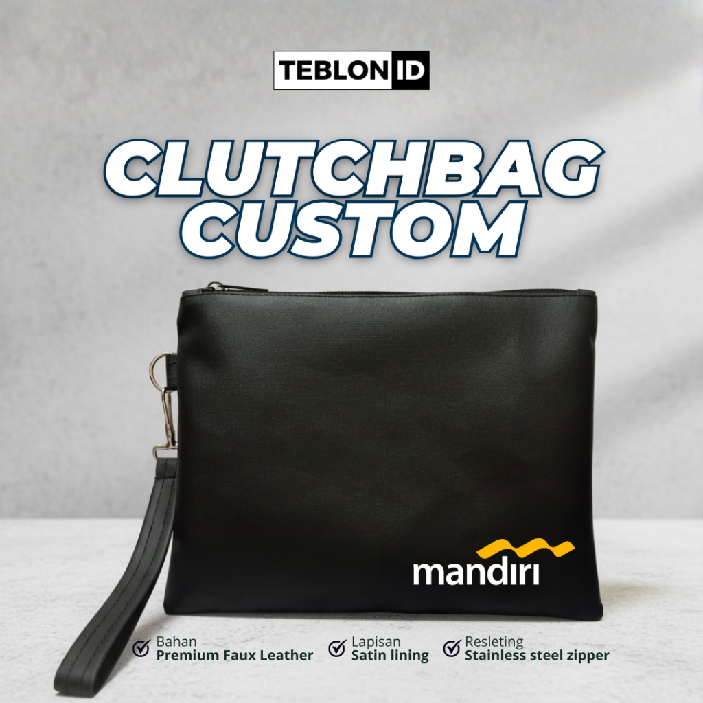 Tas Clutch Pria Polos - Kulit PU Hitam, Desain Elegan, Jahitan Rapi, Custom Logo Bank Mandiri