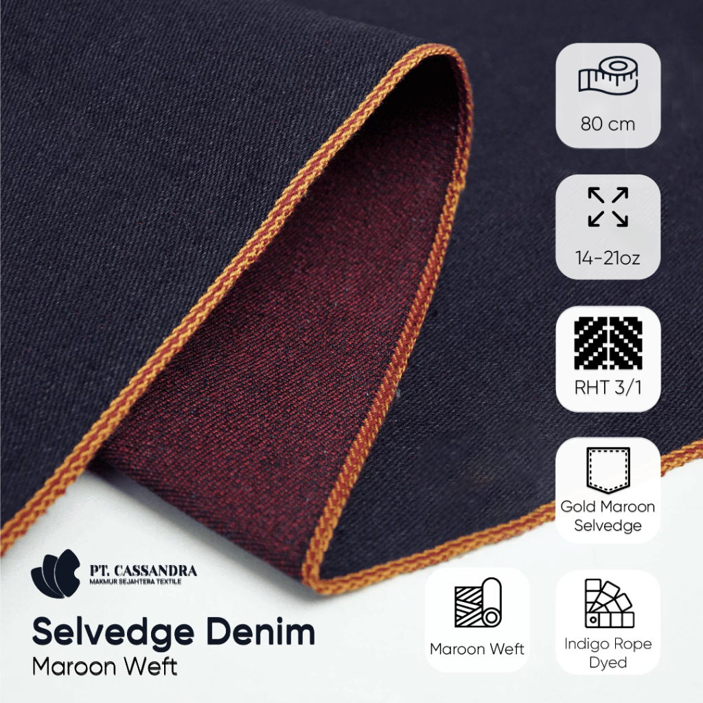 Kain Denim Maroon Weft Selvedge Line, 14-18 oz, Yellow Selvedge Line, Raw | Cassandra Textile