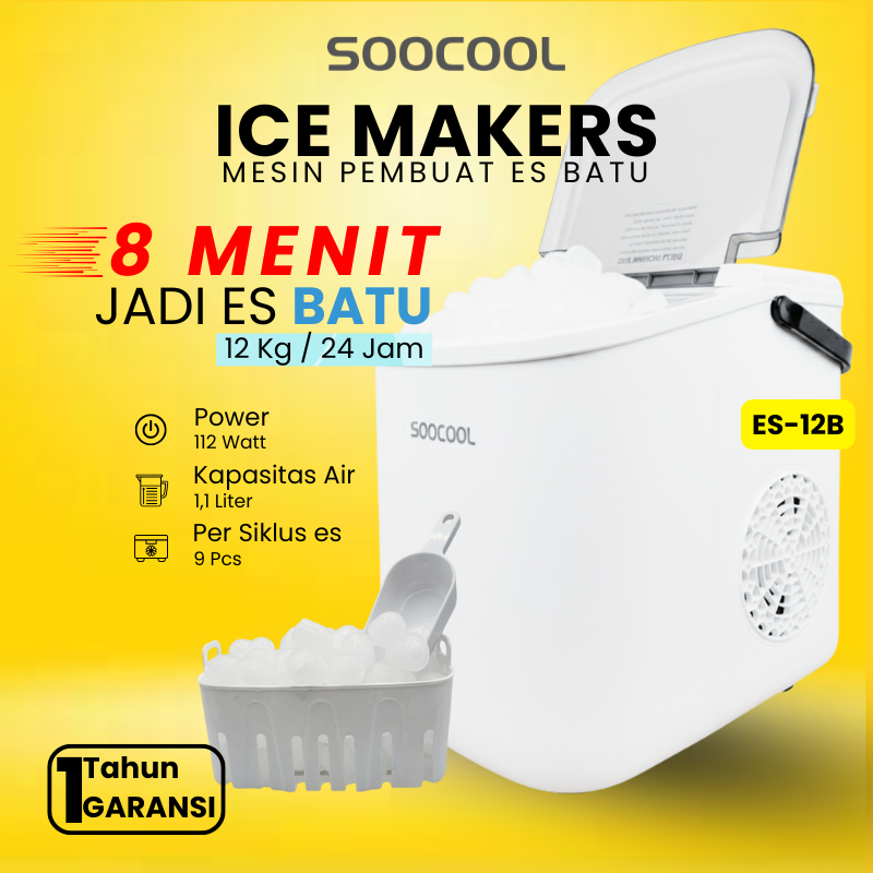 Mesin Pembuat Es Batu ESCOOL Ice Maker Portable 1,2L 130W Mesin Es Batu Produksi 12kg/24 Jam