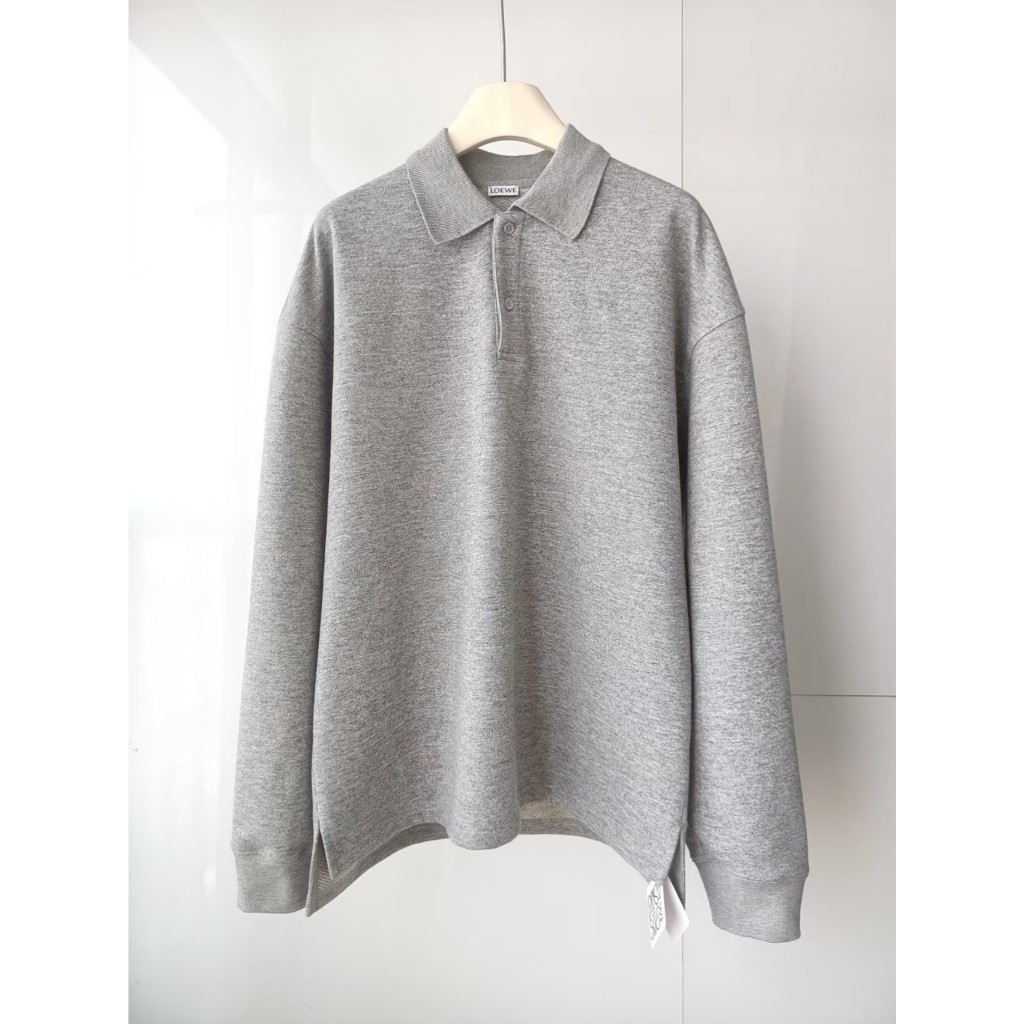 New Autumn/Winter Polo Gray Wool Sweatshirt, Minimalist Loose Fit, Logo Leather Label, Light Gray, V