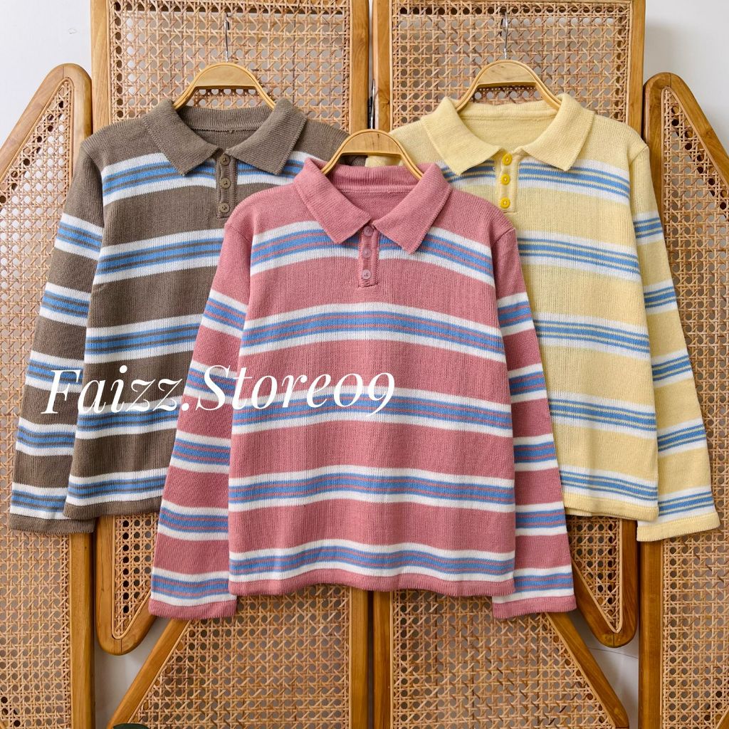 Hanon Blouse Knit Kerah Polo Kancing - Atasan Sweater Rajut Wanita Motif Stripe lengan panjang Korea