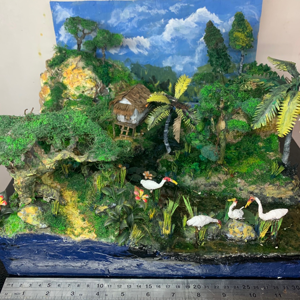 Diorama miniatur Nature Alam Hutan Pohon ikan bebatuan bangau - Handmade