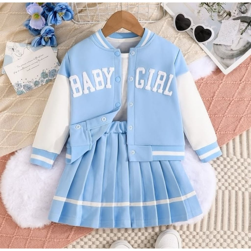 littleflamingo Setelan baju model varsity + rok plisket anak perempuan