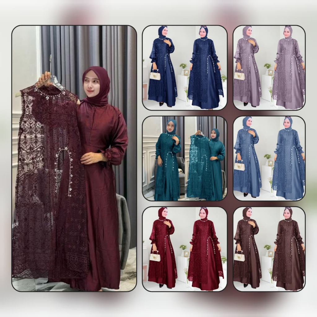 (NEW) DAVINI Dress - Baju Dress Gamis Modern Full Satin Brukat Brokat Busui Wanita Ibu Muslim Ukuran