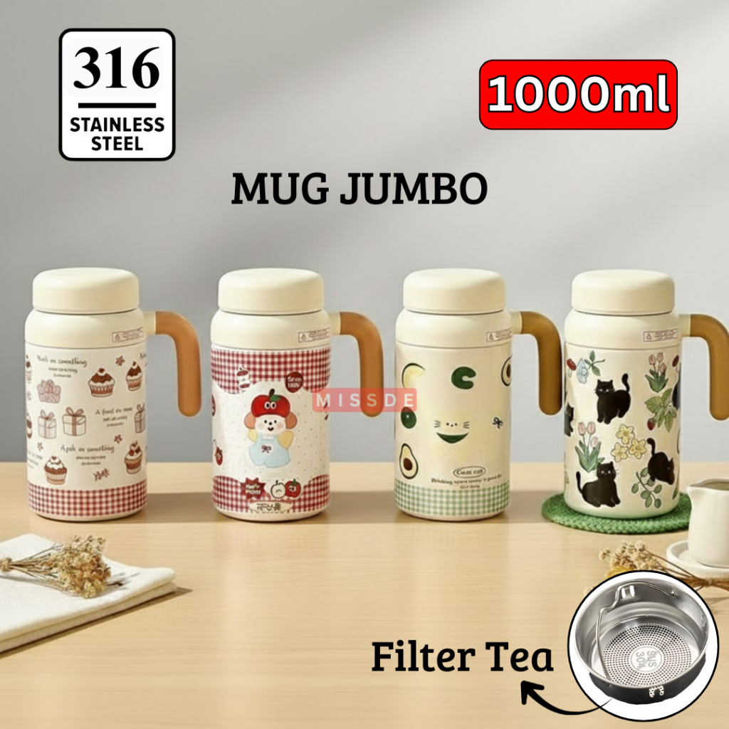 Tumbler Mug Jumbo Stainless Steel 1000ml / Gelas Minum Kapasitas Besar / Mug Wood