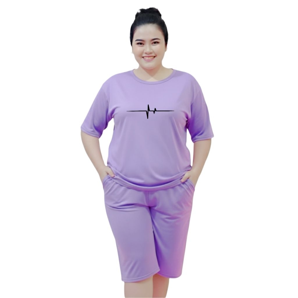 Setelan Kaos Wanita Jumbo Ld 130  Terbaru  Bahan Babyterry  Baju One Set  Santai Oversize  Jantung