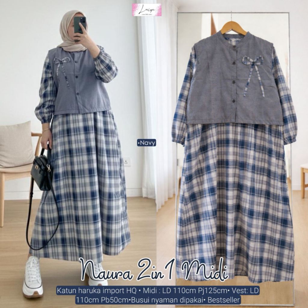 NAURA MIDI GAMIS WANITA BAHAN KATUN HARUKA MOTIF KOTAK KOMBINASI POLOS