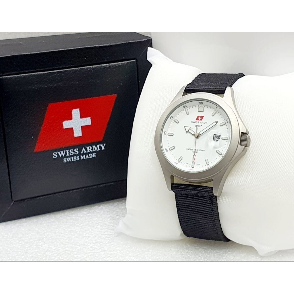 Jam Tangan Pria SWISS DHC SA1880 MADE ARMY Original Strap Kanvas Stainless Tanggal On Analog Elegant