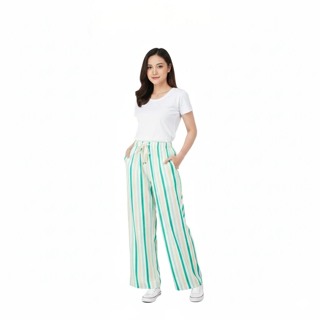 Celana Panjang Wanita Highwaist - Pinggang Karet, Saku Praktis, Pola Garis-garis