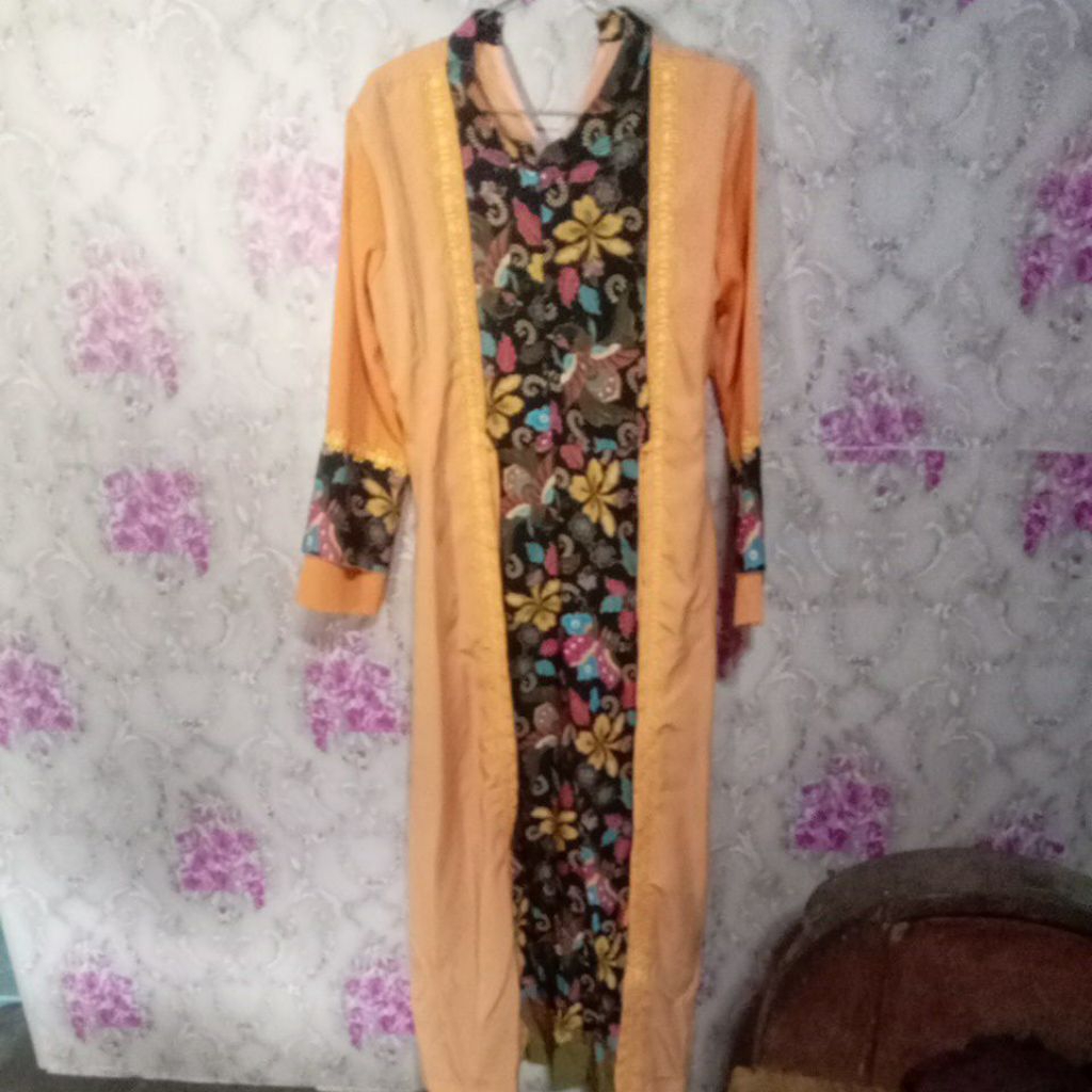 Pakaian Muslim Dress Wanita Batik Warna Kuning Ada Tali Depan ResLeting 2