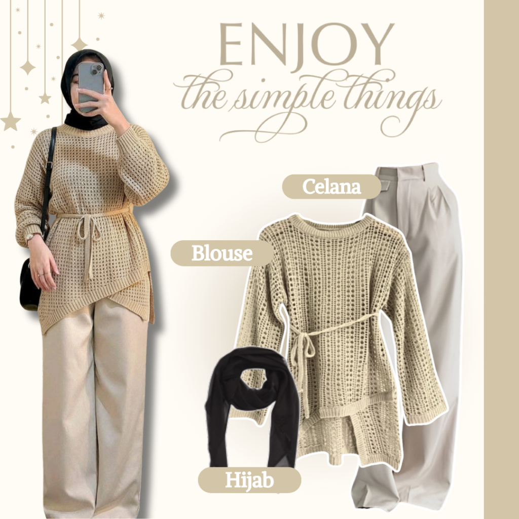 Outfit Korean Style Trendy ll Blouse Coklat Celana Oro Hijab Bella Square ll One Set Wanita -  GO277