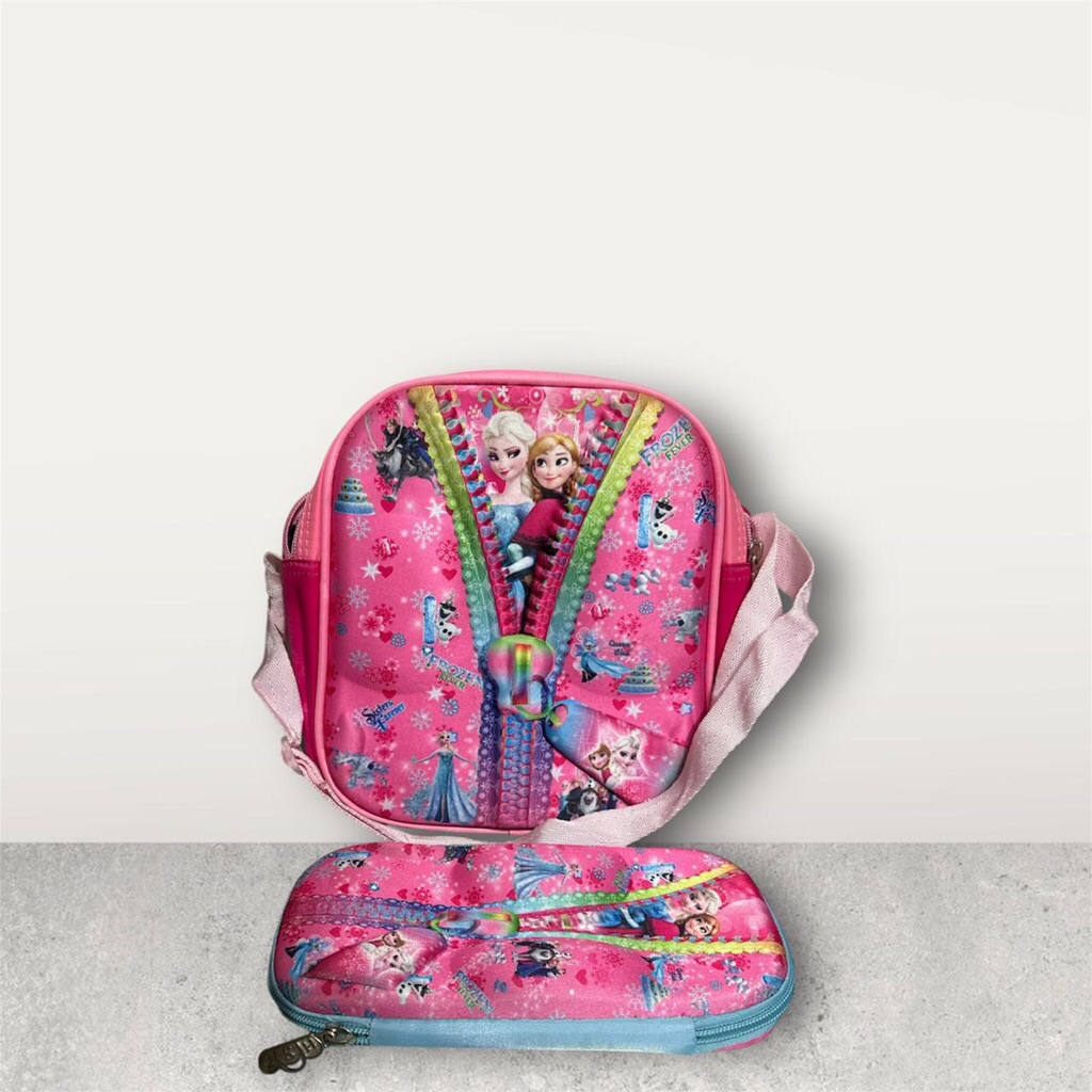 Tas slempang + kotak pensil anak sekolah tk perempuan pg dan paud karakter frozen