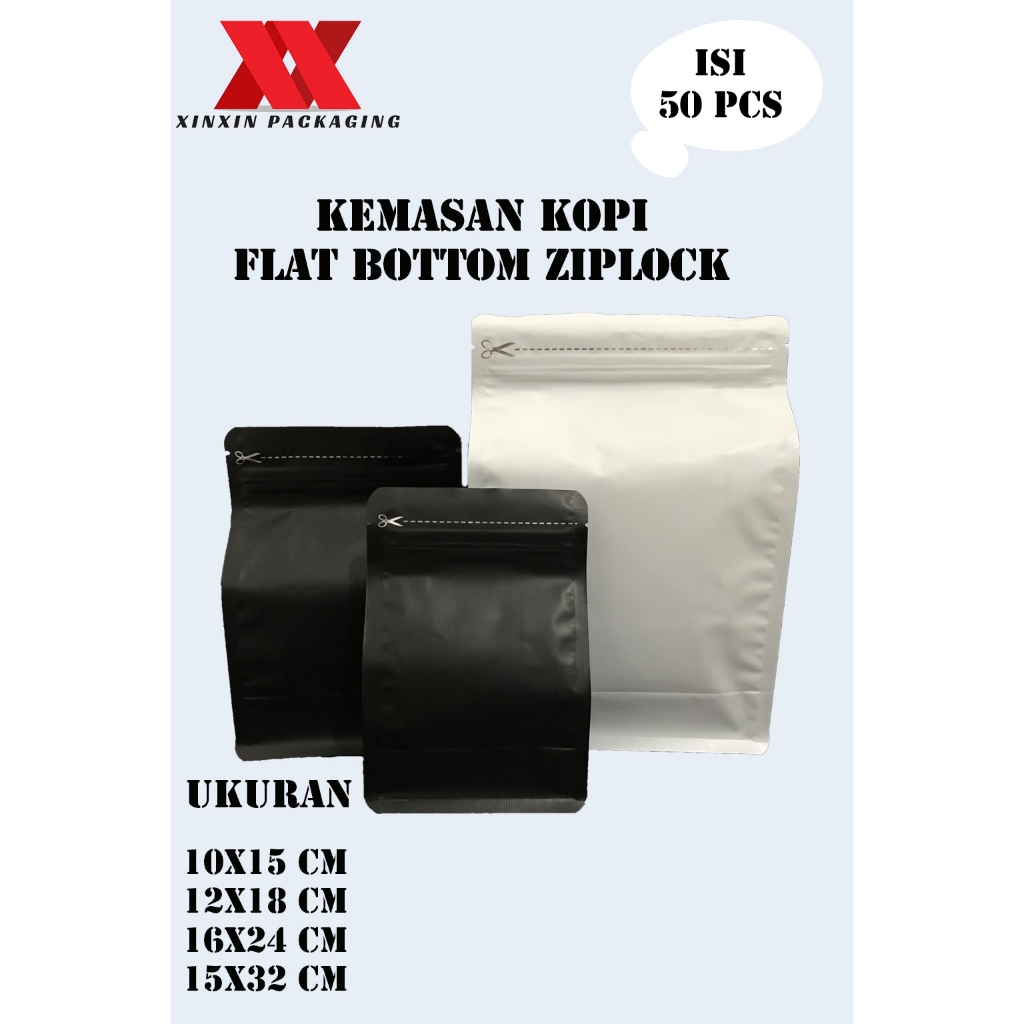 50 Pcs Kemasan Kopi Flat Bottom Plastik Hitam Putih