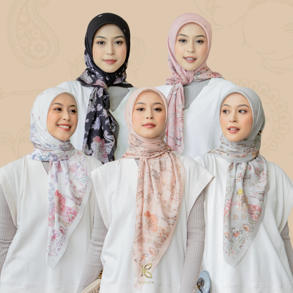 Open PO (Pre-Order) Kinaya - Maheen Series - Jilbab Segi Empat Motif Printing Scarf Voal Premium Ker