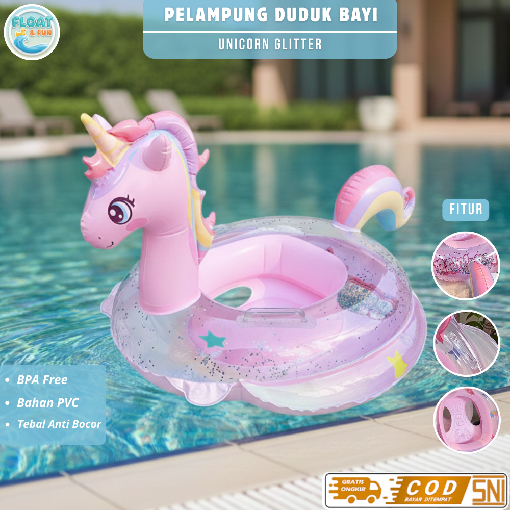 Pelampung Renang Anak Motif Unicorn Lucu – Pelampung Bayi Kolam Renang Glitter PVC Tebal