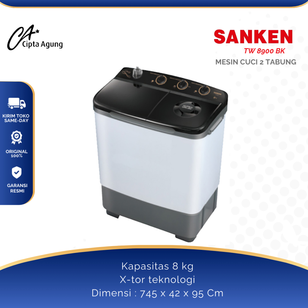SANKEN MESIN CUCI 2 TABUNG TW-8900BK TW 8900 BK TW8900BK TW8900 BK BLACK HITAM WHITE PUTIH  2 TABUNG