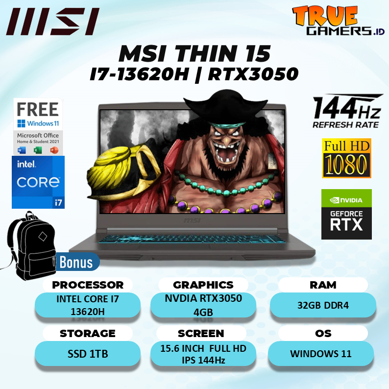 Laptop Msi Thin 15 Core i7-13620H RTX3050 4GB/ 32GB 1TB Windows 11+Office Home 15.6" FHD 144Hz IPS