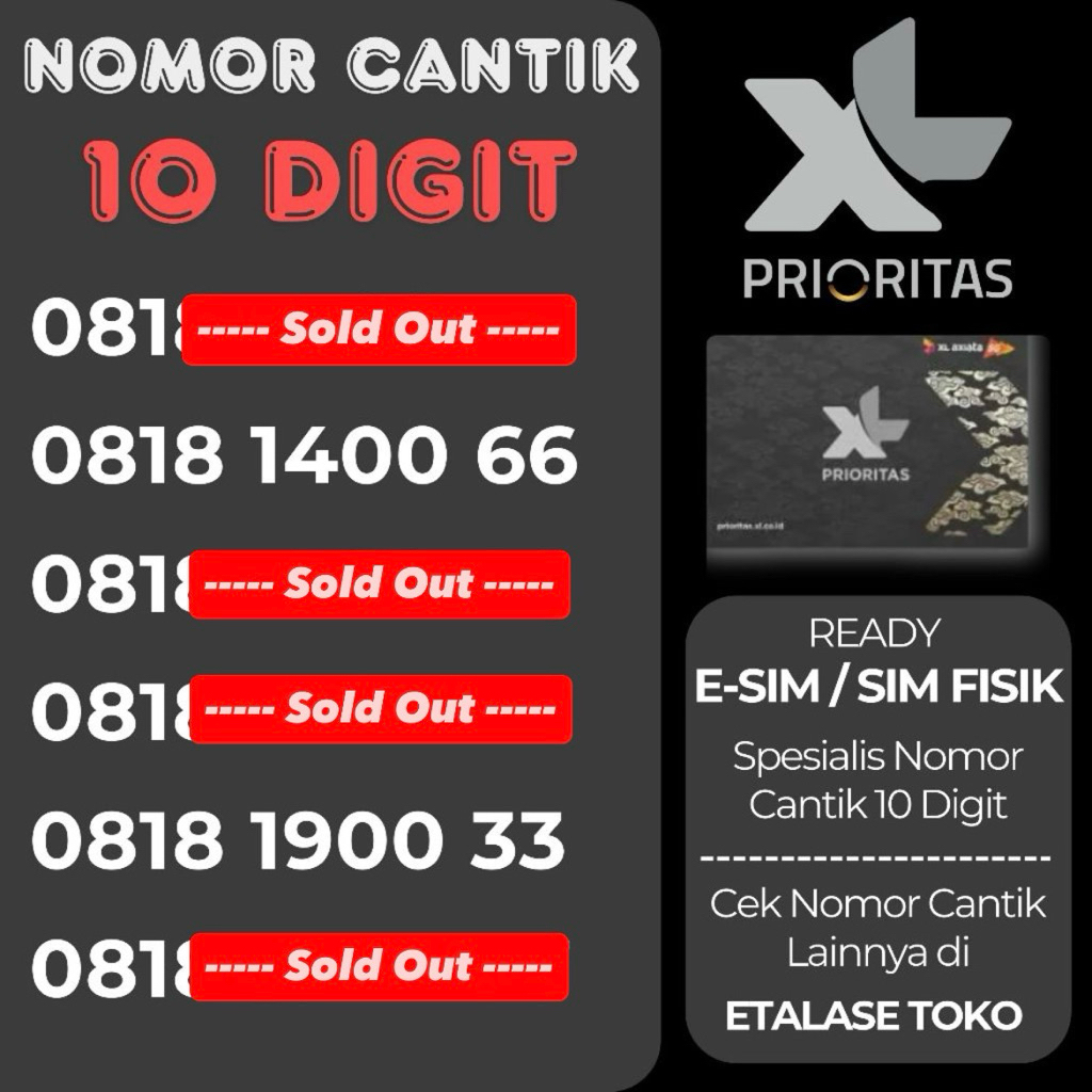 Nomor Cantik XL Prioritas 10 Digit Prabayar Special Limited Esim Kartu Sim