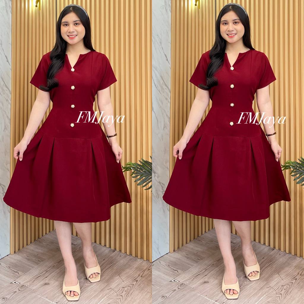 MIDI DRESS PESTA WANITA 1514-6 || DRES MERAH NATAL || DRESS KONDANGAN || DRESS IMLEK CNY || DRESS MA