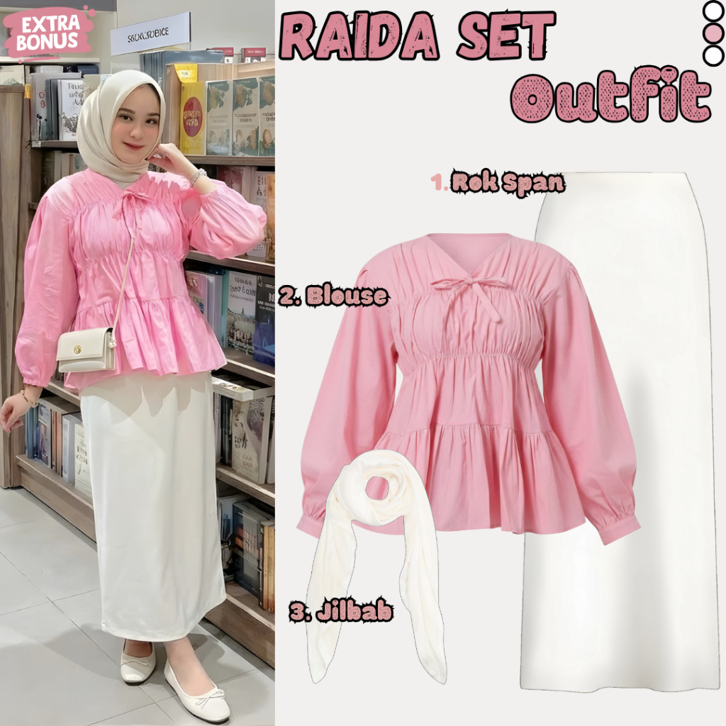 Raida Set Outfit Wanita Feminim ( Rok Span + Blouse + Jilbab ) Oneset Hangout Setelan Cewek Ngampus