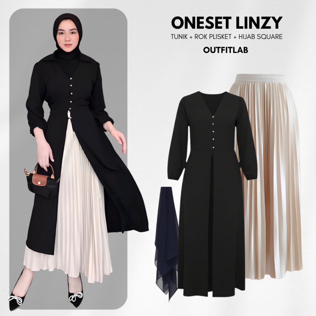 Outfit Set Linzy Kondangan Elegan Wanita | Tunik + Rok Plisket + Hijab Square | OOTD Lebaran 3in1