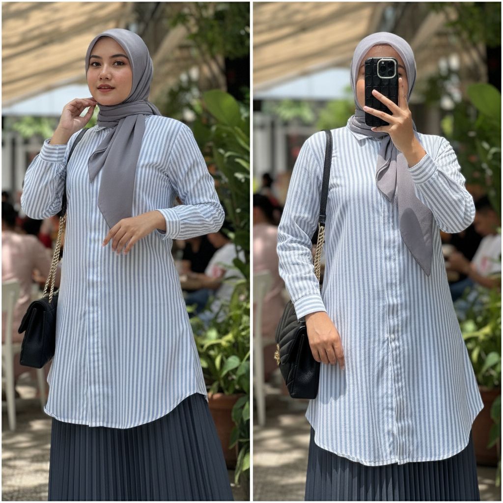 AZZAHRA Tunik Salur Katun Poplin Premium Ukuran Reguler dan Jumbo