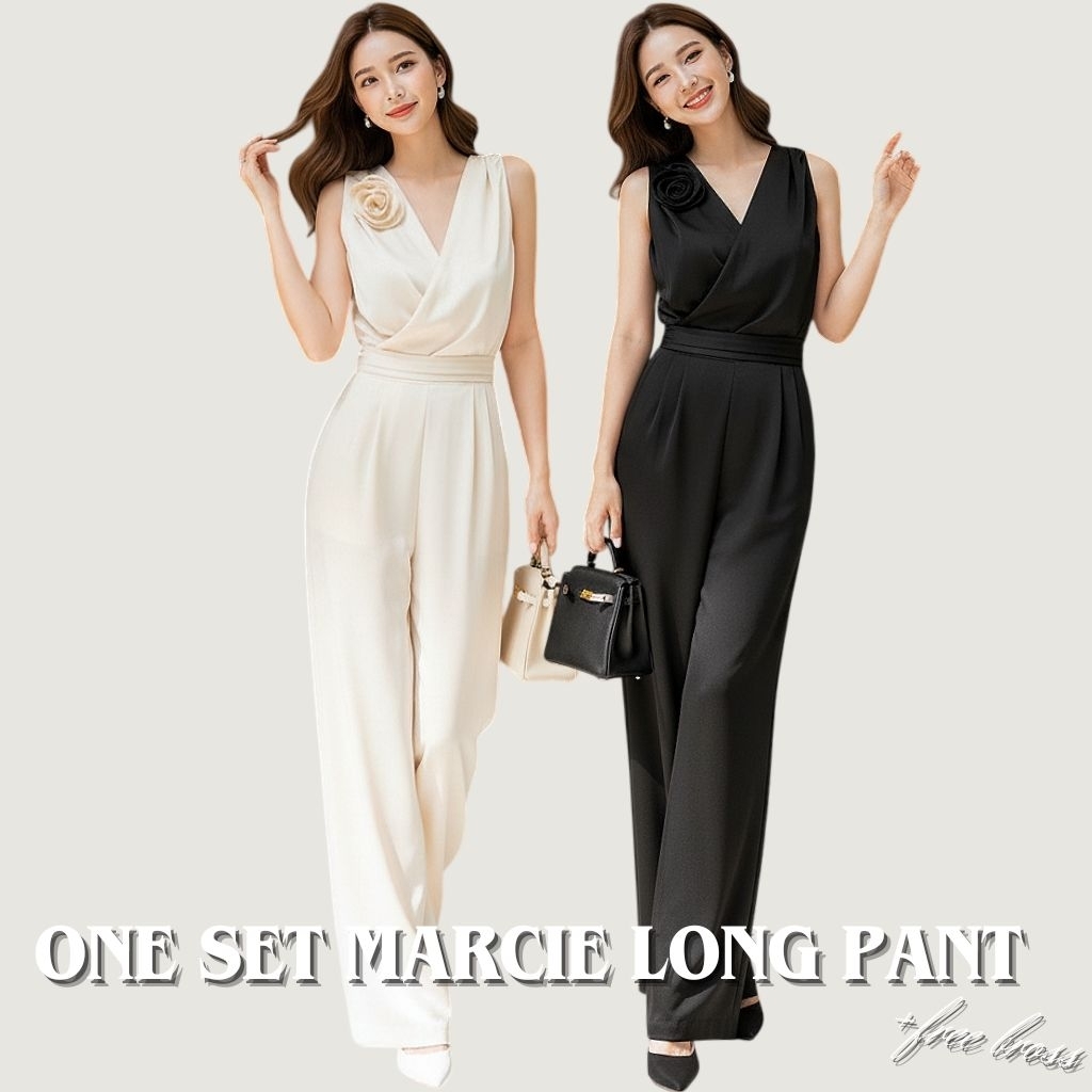 One Set Marcie Silk Set Cotton Candy Bangkok Wanita Premium Sleeveless Top Long Pants Flower Pin | B