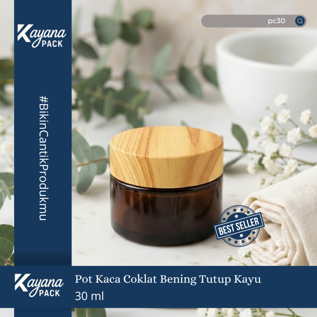 BOTOL POT JAR CREAM KRIM KACA COKLAT BENING 30GR TUTUP KAYU / POT KACA COKLAT 30 GR (PC30)