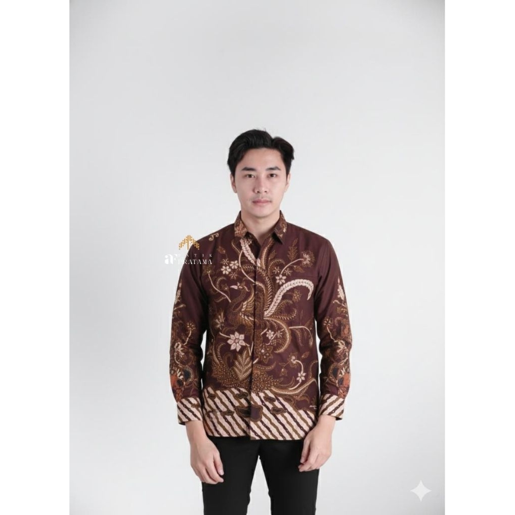 Batik AF Pratama | KEMEJA BATIK PRIA SLIMFIT MOTIF KENARI COKLAT BAHAN KATUN LAPIS FURING LENGAN PAN