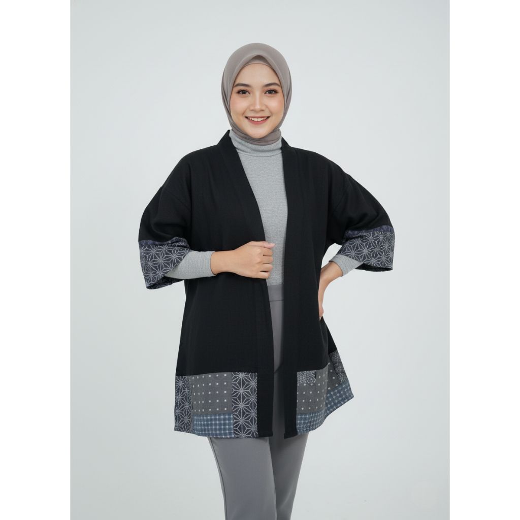 Kimono Haori Polyester Black Batik Patchwork Premium