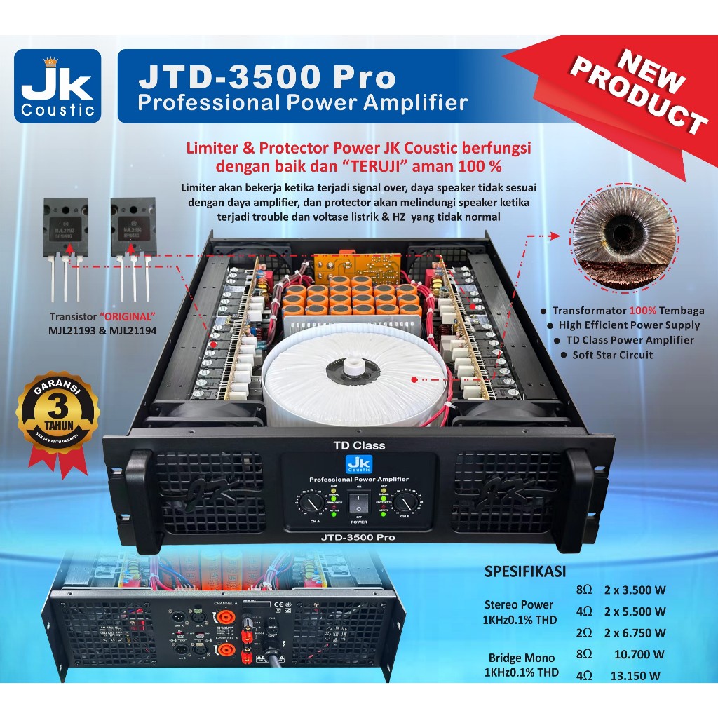 Power Amplifier Class TD Jk coustic JTD 3500 Pro 2x3500 watt
