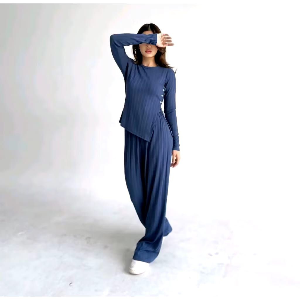 SETELAN BAJU DELINA - ONE SET KANCING KNIT PREMIUM | SETELAN WANITA RIBBED KNIT SET LENGAN PANJANG C