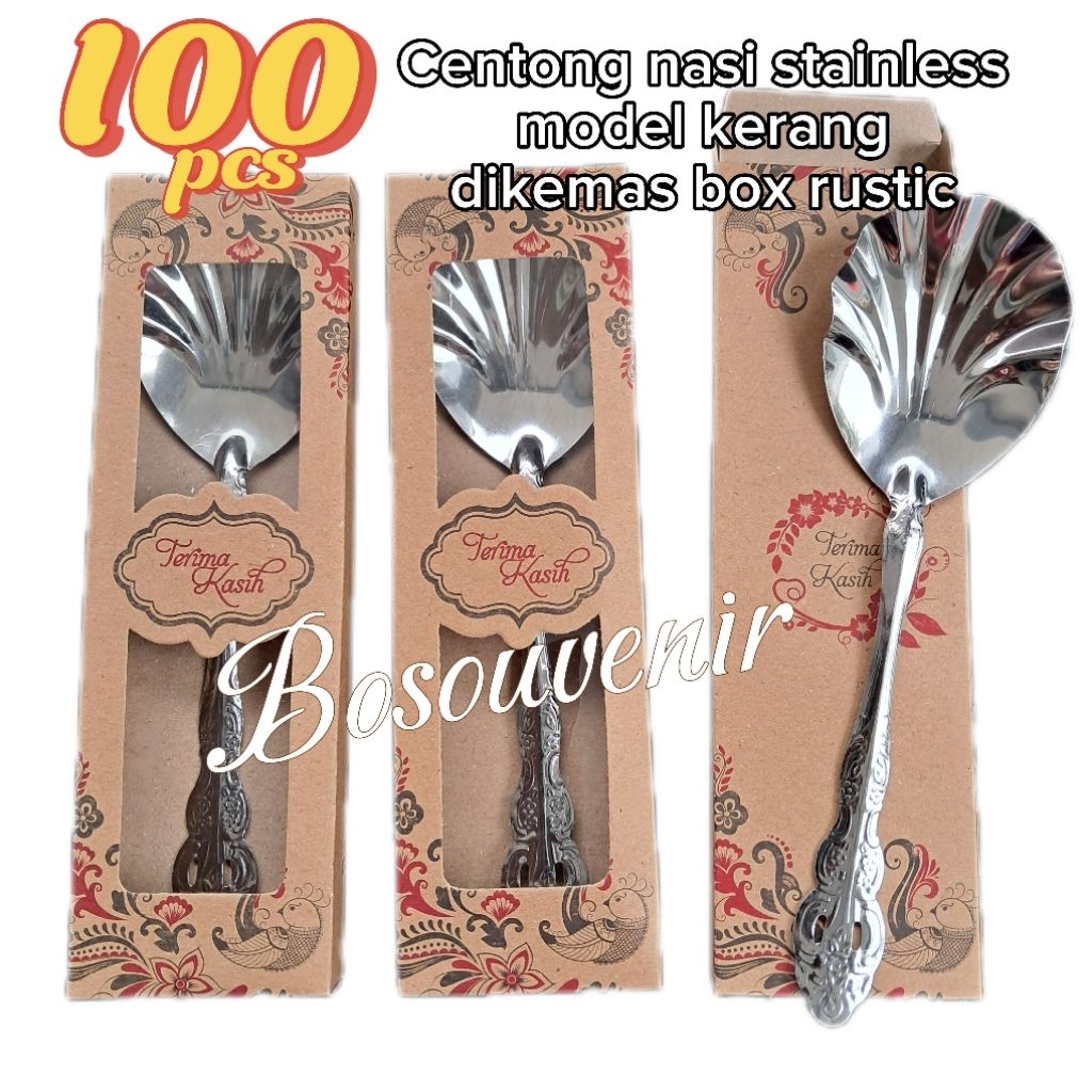 Souvenir pernikahan (isi 100) Centong Nasi stainless model KERANG dikemas Box Mika Rustic
