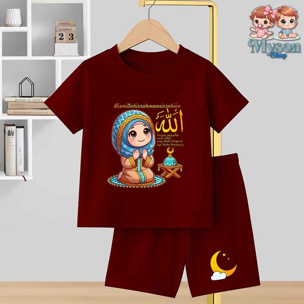Setelan Anak Perempuan Umur 1-10 Tahun Muslimah Motif Bismillah Baju Anak Perempuan Lengan Pendek
