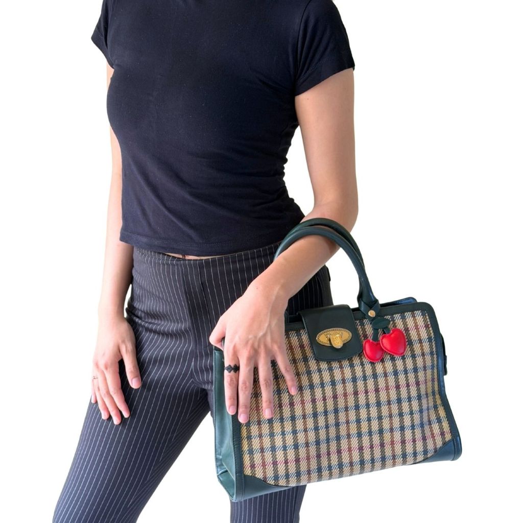 Daks Tote Hand Bag in House Signature Pattern in Green Leather