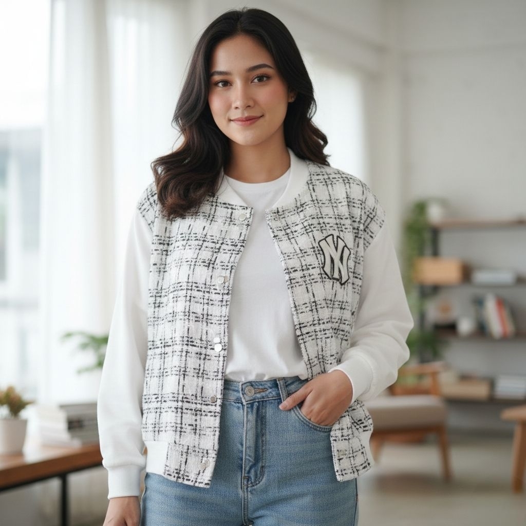 Jaket MLB NY Casual Varsity Lengan Panjang Wanita Korea Style - Bomber Jacket Kombinasi Tweed dan Su