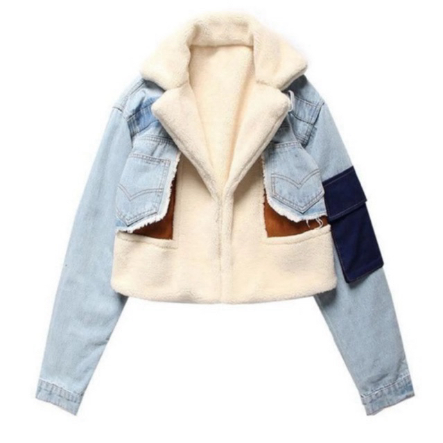 Jacket Sherpa lined suede & jeans / Jaket crop winter autumn