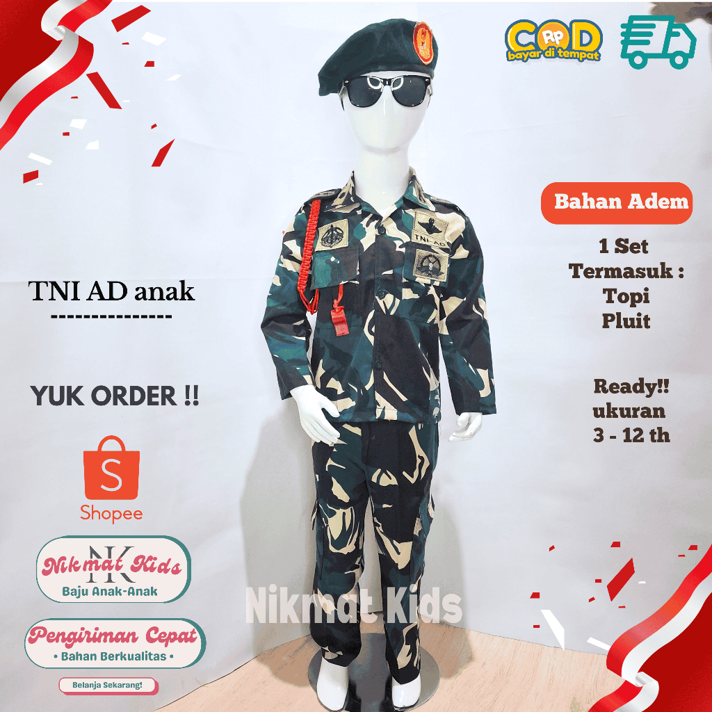 Nikmatkids - baju tni anak - baju loreng anak tni ad - seragam tentara anak laki laki perempuan