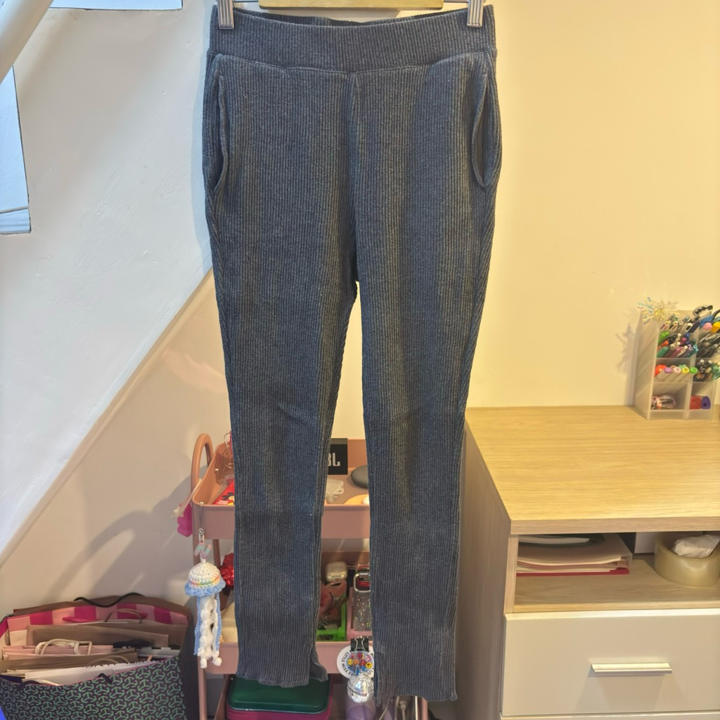 uniqlo ribbed legging slit grey celana wanita abu knit