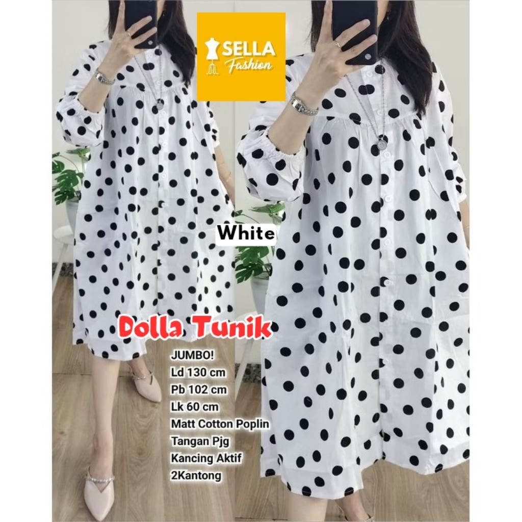 tunik wanita jumbo ld 130 dolla motif polkadot terbaru katun poplin kekinian lengan karet bigsize