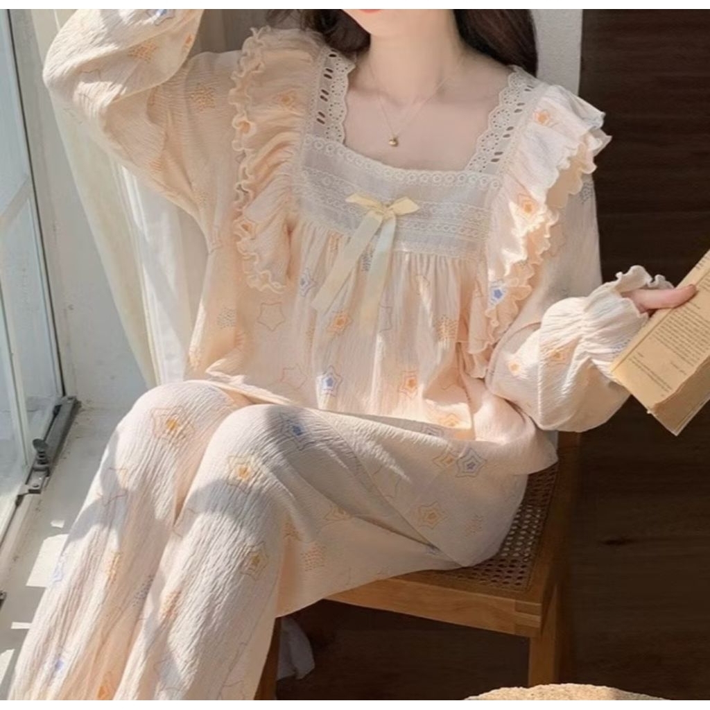 PIYAMA WANITA KOREA STYLE-Piyama Wanita Crinkle Ruffle Lengan Panjang Premium EKA | PIYAMA WANITA DE