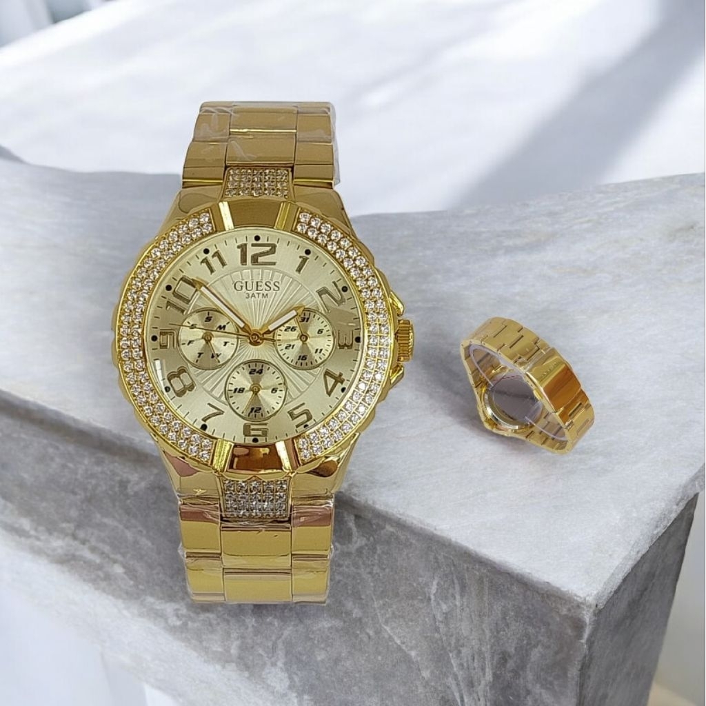 GROSIR TERMURAH...Jam Tangan Wanita New GUESS GOLD EMAS Chrono Multifungsi Gak Luntur Super Quality