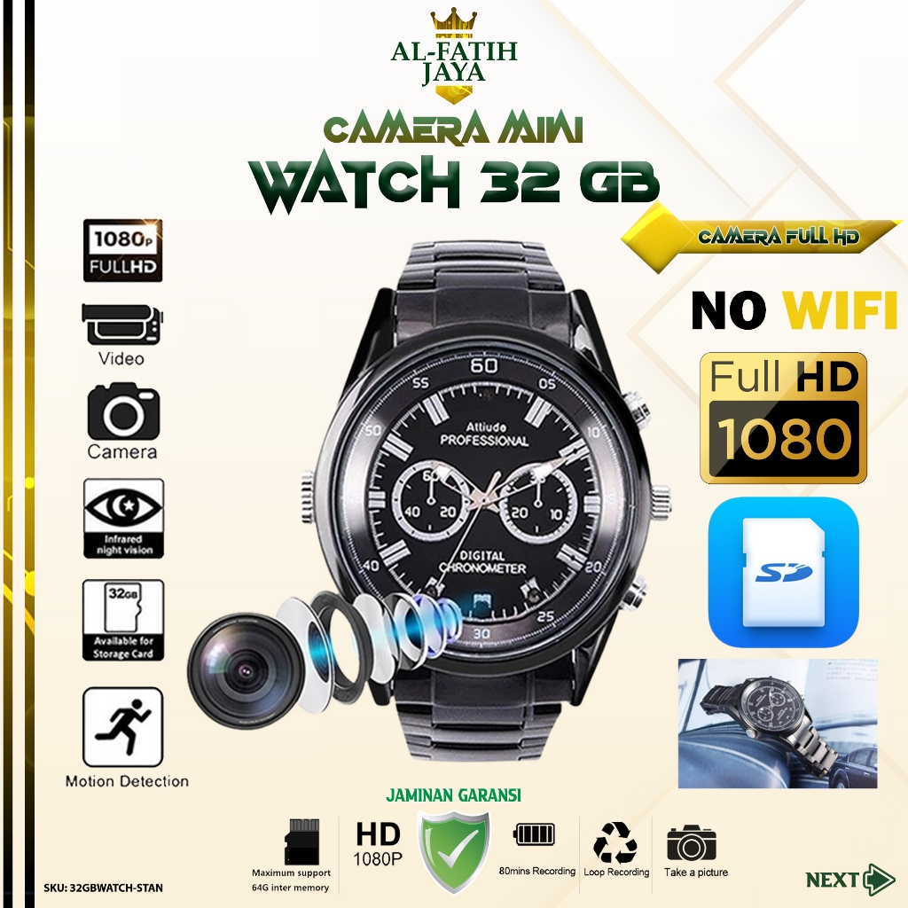 AlfatihJaya Spy Cam Camera Watch Jam Tangan HD 1080P 32GB Kamera Mini Perekam Video Foto Pengintai R