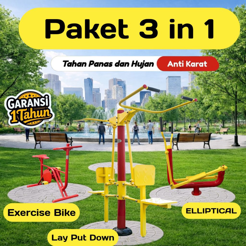 Paket Alat fitnes Outdoor 3 in 1 Lay Put Down & Exercise Bike & Elliptical Machine Fitness outdoor