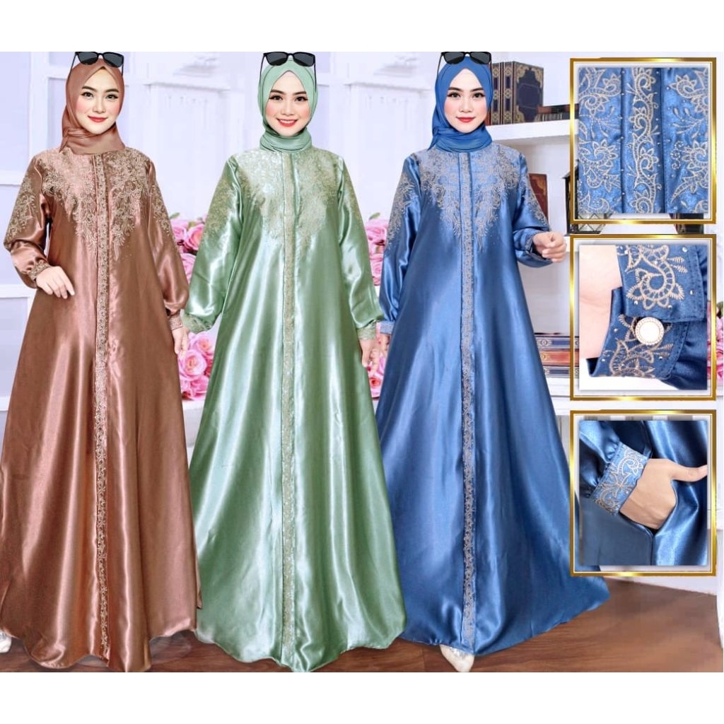 COD Free hijab - gamis satin bordir - gamis wanita muslimah satin kristal premium - gamis bordir Sat